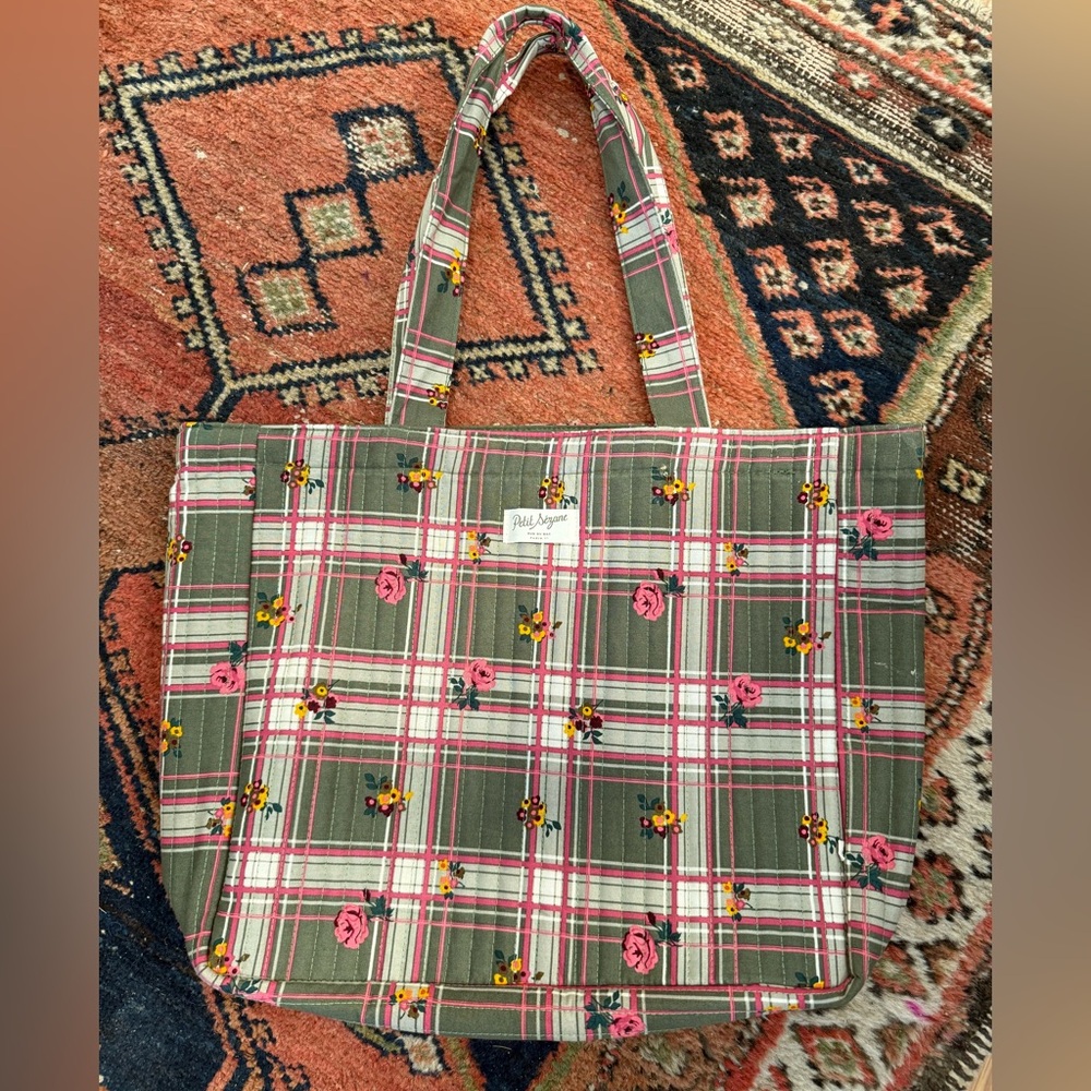 NWOT Sézane Plaid Floral green and pink tote bag